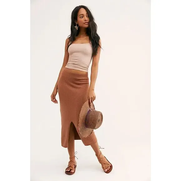 Free People Womens Skyline Ribbed Midi Skirt Tan Cocoa Heather Size Large - Picture 1 of 6